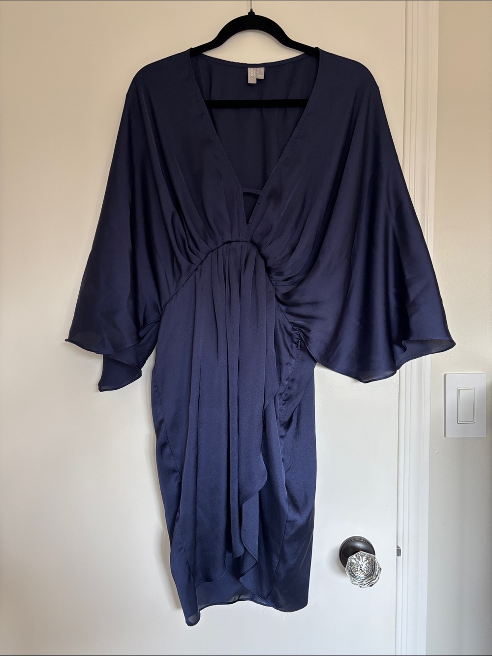 ASOS Navy Blue Satin Kimono Batwing Sleeve Draped Mini Dress